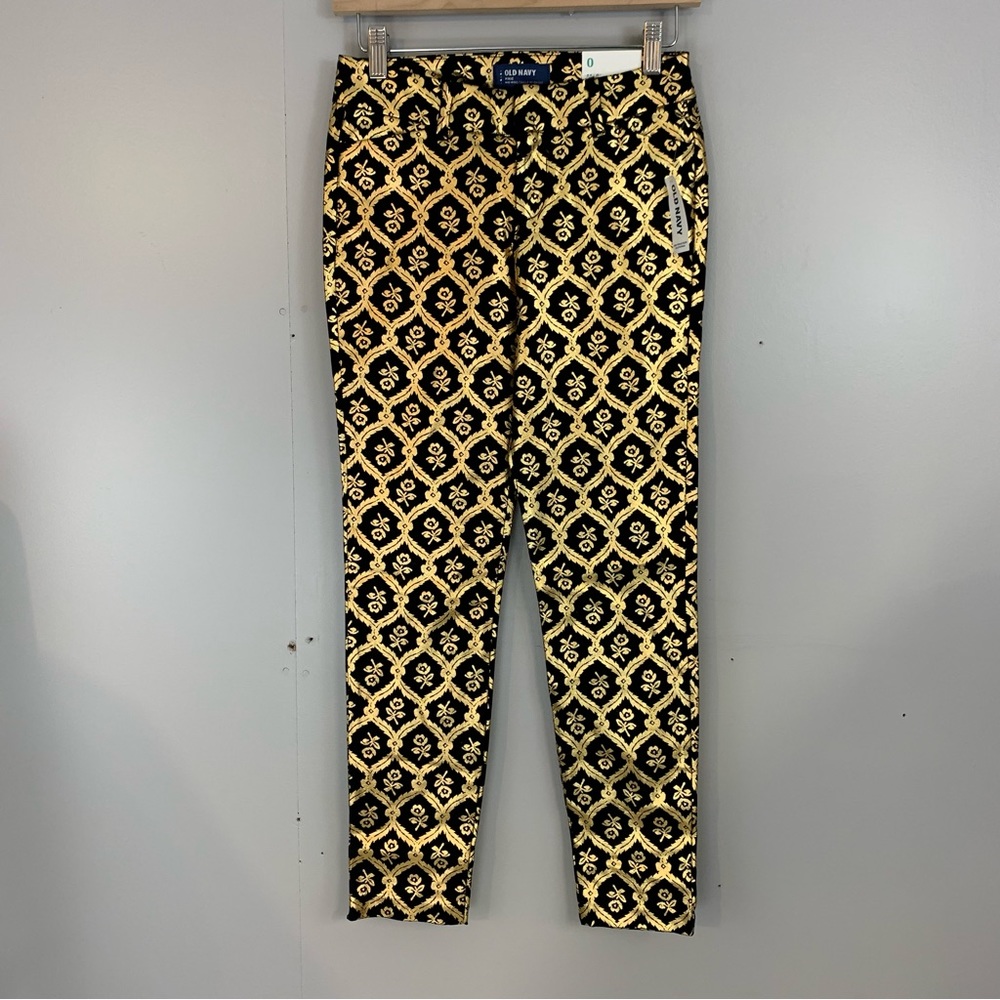 New! Old Navy Mid Rise Pixie Ankle Pants 0 Foil Gold Black Floral Roses Jeans
